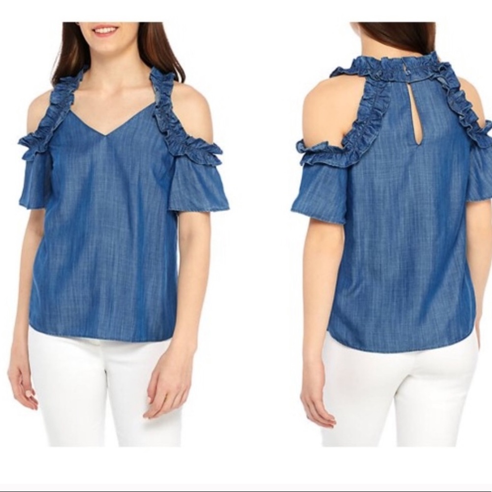 Kaari Blue Denim Cold Shoulder Top